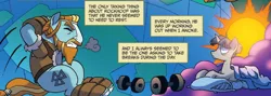 Size: 1096x392 | Tagged: safe, artist:tonyfleecs, derpibooru import, idw, rockhoof, stygian, earth pony, pony, unicorn, legends of magic, spoiler:comic, spoiler:comiclom8, abstract background, blanket, dumbbells, duo, eyes closed, male, official comic, pillow, sit-ups, stallion, workout