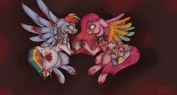 Size: 1024x555 | Tagged: semi-grimdark, artist:glitter-unicorn, derpibooru import, pinkie pie, rainbow dash, earth pony, pegasus, pony, fanfic:cupcakes, fanfic:rainbow factory, blood, clothes, female, floppy ears, lesbian, mare, pinkamena diane pie, pinkiedash, rainbow factory dash, shipping, smiling, wings