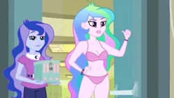 Size: 1280x720 | Tagged: suggestive, derpibooru import, edit, edited edit, edited screencap, editor:ah96, editor:slayerbvc, screencap, princess celestia, princess luna, equestria girls, equestria girls (movie), bra, breasts, cleavage, clothes, panties, pink underwear, principal celestia, underwear, underwear edit, vice principal luna