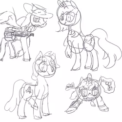 Size: 783x783 | Tagged: safe, artist:erijt, derpibooru import, oc, oc:calamity, oc:homage, oc:littlepip, oc:velvet remedy, unofficial characters only, pegasus, pony, unicorn, fallout equestria, fanfic, battle saddle, black and white, clothes, cutie mark, dashite, fanfic art, female, glowing horn, grayscale, gun, handgun, hat, hooves, horn, levitation, little macintosh, magic, male, mare, monochrome, open mouth, optical sight, pipbuck, revolver, rifle, sketch, spread wings, stallion, telekinesis, vault suit, weapon, wings