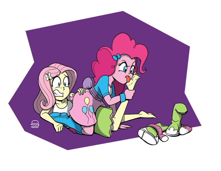 Size: 1100x850 | Tagged: questionable, artist:coffeeburger, derpibooru import, fluttershy, pinkie pie, equestria girls, angry, barefoot, boots, breasts, clothes, disturbed, duo, duo female, erotic tickling, feet, female, female focus, females only, fetish, foot fetish, foot worship, freaking out, hair bow, lesbian, licking, licking foot, pinkiedom, shoes, sitting on person, skirt, socks, solo focus, striped socks, tanktop, tickle fetish, tickle torture, tickling, toes, tongue out