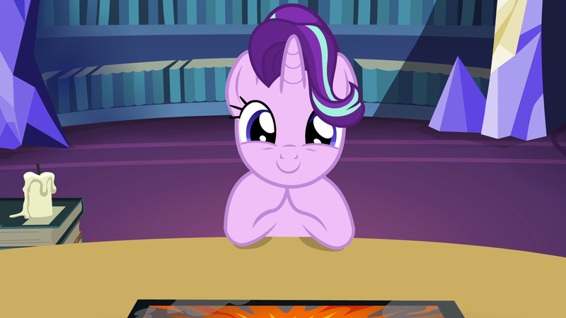 Size: 1920x1080 | Tagged: safe, derpibooru import, screencap, starlight glimmer, pony, unicorn, uncommon bond, board game, book, bookshelf, c:, candle, cute, dragon pit, female, glimmerbetes, hair flip, hair over one eye, horn, looking at you, mare, smiling, table, twilight's castle, weapons-grade cute