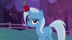 Size: 1920x1080 | Tagged: safe, derpibooru import, screencap, trixie, uncommon bond, apple, food, horn impalement, looking at you