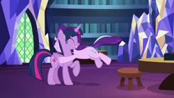 Size: 1920x1080 | Tagged: alicorn, chair, derpibooru import, duo, duo female, female, glomp, hug, safe, screencap, starlight glimmer, table, twilight's castle, twilight sparkle, twilight sparkle (alicorn), uncommon bond