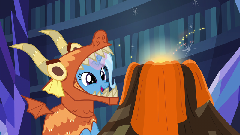 Size: 1920x1080 | Tagged: safe, derpibooru import, screencap, trixie, pony, unicorn, uncommon bond, board game, clothes, costume, cute, diatrixes, dragon costume, dragon pit, female, glowing horn, mare, open mouth, smiling, solo