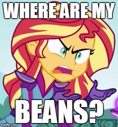 Size: 365x390 | Tagged: safe, derpibooru import, sunset shimmer, equestria girls, beans, exploitable meme, food, image macro, meme, sunset is not willing to learn