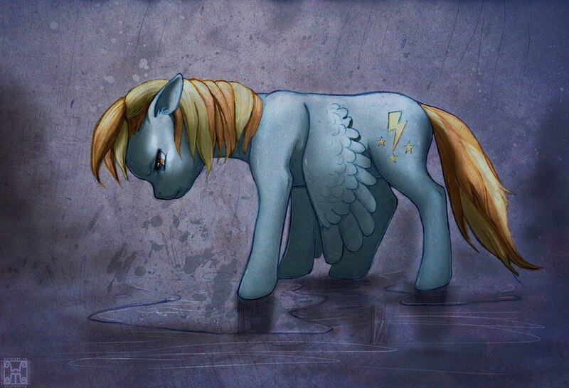 Size: 1700x1161 | Tagged: safe, artist:terafima, derpibooru import, lightning dust, pegasus, pony, puddle, rain, sad, solo, wet mane