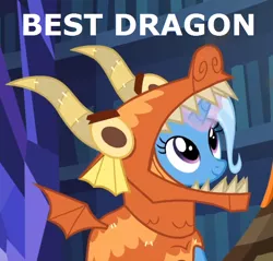 Size: 702x672 | Tagged: safe, derpibooru import, edit, edited screencap, screencap, trixie, pony, unicorn, uncommon bond, best dragon, clothes, costume, cropped, dragon costume, female, glowing horn, mare, smiling, solo, text