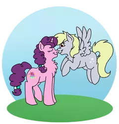 Size: 1024x1068 | Tagged: safe, artist:sylver-unicorn, derpibooru import, derpy hooves, sugar belle, pegasus, pony, unicorn, boop, chest fluff, crack shipping, derpybelle, female, lesbian, mare, noseboop, shipping