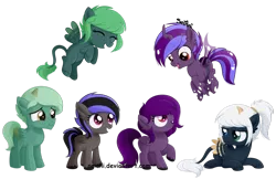 Size: 800x519 | Tagged: safe, artist:seiani, derpibooru import, oc, oc:dusk sky, oc:emerald dusk, oc:nightflight, oc:paige, oc:shadowdancer, oc:sweetie heart, unofficial characters only, changepony, pegasus, pony, colt, female, filly, male, simple background, transparent background