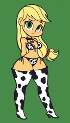 Size: 2000x3500 | Tagged: suggestive, artist:khuzang, derpibooru import, applejack, equestria girls, applebucking thighs, arm behind back, bell, bikini, body freckles, boob freckles, boots, breasts, cleavage, clothes, collar, cow girl, cow swimsuit, cowbell, cowprint, female, freckles, green background, high heel boots, looking at you, shoes, shoulder freckles, simple background, solo, solo female, swimsuit, thigh boots, wide hips