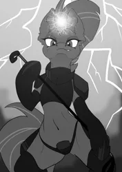 Size: 707x1000 | Tagged: suggestive, artist:arctic-fox, derpibooru import, tempest shadow, semi-anthro, unicorn, my little pony: the movie, broken horn, clothes, dominatrix, female, magic, mare, monochrome, panties, riding crop, sketch, smiling, solo, solo female, sparking horn, stupid sexy tempest shadow, underwear