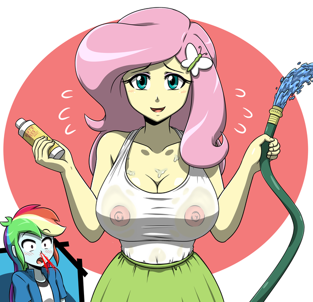 Size: 2800x2700 | Tagged: questionable, artist:acesrockz, derpibooru import, fluttershy, rainbow dash, equestria girls, adorasexy, areola, big breasts, blood, blushing, braless, breasts, busty fluttershy, cleavage, clothes, cute, female, hose, implied flutterdash, implied lesbian, implied shipping, looking at you, nipples, nosebleed, nudity, open mouth, see-through, sexy, smiling, solo focus, wet