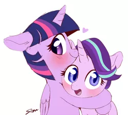 Size: 800x720 | Tagged: safe, artist:sion, derpibooru import, starlight glimmer, twilight sparkle, twilight sparkle (alicorn), alicorn, pony, unicorn, blushing, colored pupils, cute, female, floppy ears, glimmerbetes, happy, heart, hug, lesbian, looking at you, mare, shipping, signature, simple background, smiling, twiabetes, twistarlight, white background