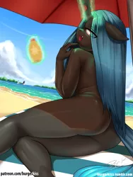 Size: 1500x2000 | Tagged: suggestive, artist:burgerkiss, derpibooru import, octavia melody, queen chrysalis, vinyl scratch, anthro, changeling, ass, beach, beach umbrella, breasts, bugbutt, busty queen chrysalis, butt, casual nudity, complete nudity, eye clipping through hair, female, female focus, flirting, glowing horn, looking at you, looking back, looking back at you, magic, mare, nudity, open mouth, solo focus, sunscreen, telekinesis, umbrella, wingless, wingless anthro