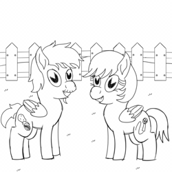 Size: 1000x1000 | Tagged: safe, artist:toyminator900, derpibooru import, oc, oc:chip, oc:melody notes, unofficial characters only, pegasus, pony, 1930s, animated, black and white, duo, fence, gif, grayscale, injured, monochrome