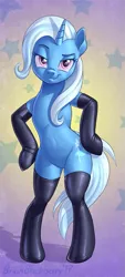 Size: 343x760 | Tagged: suggestive, artist:brianblackberry, derpibooru import, trixie, semi-anthro, unicorn, abstract background, bipedal, clothes, featureless crotch, female, latex, latex socks, looking at you, mare, smiling, smirk, socks, solo, solo female, stockings, thigh highs