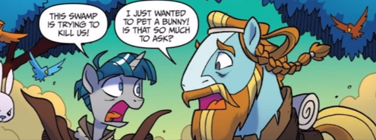 Size: 773x288 | Tagged: safe, derpibooru import, idw, rockhoof, stygian, earth pony, pony, unicorn, legends of magic, spoiler:comic, spoiler:comiclom8, beard, braid, cropped, facial hair, male, moustache, official comic, open mouth, speech bubble, stallion