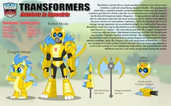 Size: 4094x2544 | Tagged: artist:aleximusprime, autobot, autobots in equestria, axe, bumblebee, crossover, derpibooru import, dragon, lance, robot, safe, solo, transformation, transformers, weapon