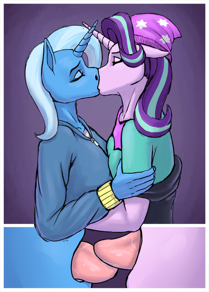 Size: 716x1000 | Tagged: suggestive, artist:wwredgrave, derpibooru import, starlight glimmer, trixie, anthro, unicorn, beanie, clothes, equestria girls outfit, eyes closed, female, french kiss, hat, kissing, lesbian, mare, shipping, sketch, sloppy kissing, startrix, tongue out, tongue play