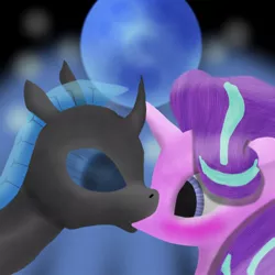 Size: 1024x1024 | Tagged: safe, artist:psychicpie, derpibooru import, starlight glimmer, oc, oc:steel crescent, changeling, unicorn, blue changeling, blushing, canon x oc, duo, female, fin, kissing, male, moon, shipping, straight