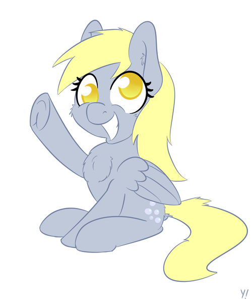 Size: 1500x1800 | Tagged: safe, artist:yakoshi, derpibooru import, derpy hooves, pony, cheek fluff, chest fluff, ear fluff, simple background, smiling, solo, waving, white background