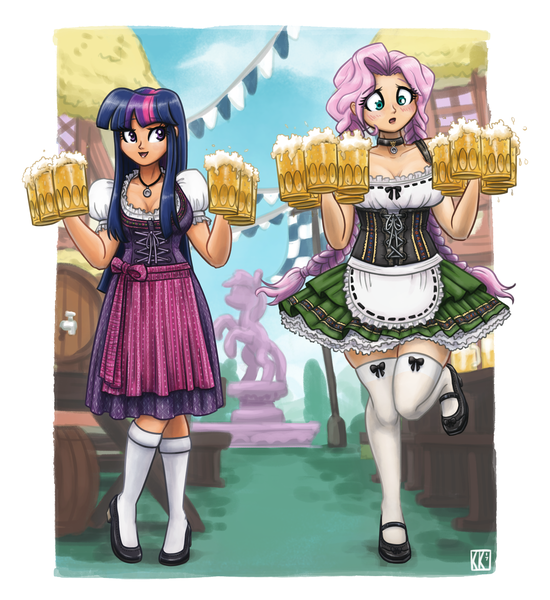 Size: 1600x1744 | Tagged: alcohol, apron, artist:king-kakapo, beer, blushing, braid, braided pigtails, breasts, busty fluttershy, choker, clothes, cute, derpibooru import, dirndl, dress, duo, duo female, female, fluttershy, human, humanized, jewelry, mary janes, moe, mug, necklace, oktoberfest, pigtails, safe, shoes, shyabetes, skirt, socks, stockings, thigh highs, twiabetes, twilight sparkle, zettai ryouiki