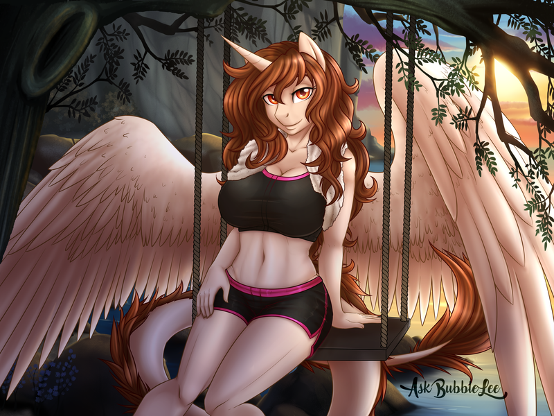 Size: 4000x3000 | Tagged: alicorn, alicorn oc, anthro, anthro oc, artist:askbubblelee, big breasts, breasts, clothes, commission, derpibooru import, female, leonine tail, lidded eyes, long tail, looking at you, mare, oc, oc:alexandrine, scenery, sitting, smiling, solo, solo female, sports bra, sports shorts, suggestive, sun, swing, tree, unofficial characters only, water, wavy mane, ych result