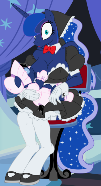 Size: 6000x11000 | Tagged: questionable, artist:evilfrenzy, derpibooru import, princess luna, oc, oc:frenzy, anthro, unguligrade anthro, absurd resolution, age regression, anthro oc, baby, bonnet, breastfeeding, breast milk, breasts, caught, clothes, crossdressing, dress, foal, gloves, image, looking at you, maid, milk maid, nipples, nonsexual nursing, nudity, nursing, onesie, png, suckling, wide eyes