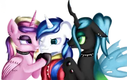 Size: 2749x1724 | Tagged: safe, artist:qbellas, derpibooru import, princess cadance, queen chrysalis, shining armor, alicorn, changeling, unicorn, alternate hairstyle, choker, chrysarmordance, ear piercing, earring, eyebrow piercing, eyeshadow, female, goth, horn piercing, jewelry, licking, lip piercing, lucky bastard, makeup, male, mare, one eye closed, piercing, polyamory, shining armor gets all the mares, shining chrysalis, shiningcadance, shipping, simple background, spiked choker, stallion, straight, tongue out, transparent background