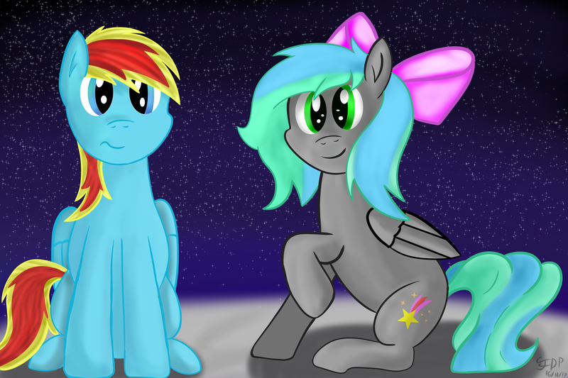 Size: 4500x3000 | Tagged: artist:flamelight-dash, cloud, derpibooru import, duo, duo male and female, female, hair bow, male, night, oc, oc:flamelight dash, oc:starfire, safe, speedpaint available, stars, unofficial characters only