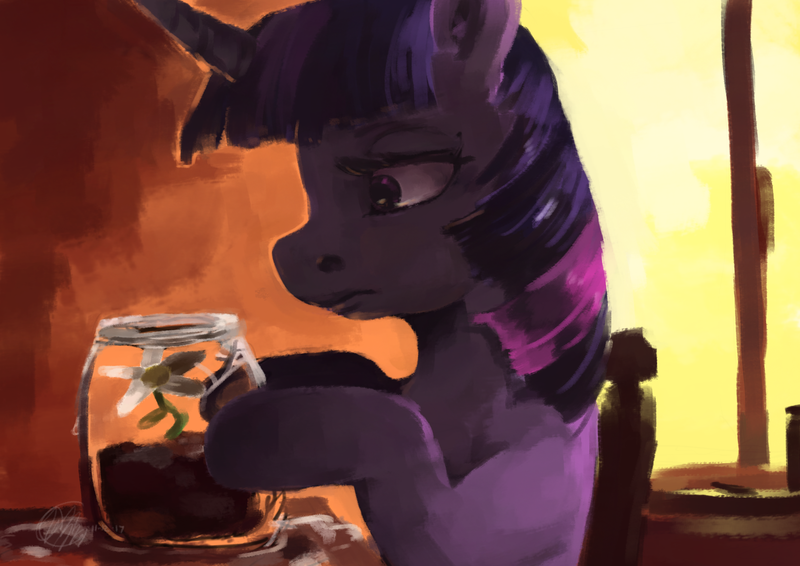 Size: 1754x1240 | Tagged: safe, artist:toisanemoif, derpibooru import, twilight sparkle, pony, unicorn, female, flower, jar, looking at something, mare, profile, solo