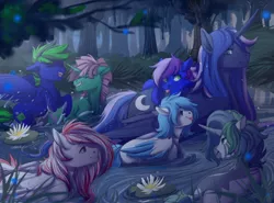 Size: 1444x1071 | Tagged: safe, artist:1an1, derpibooru import, princess luna, oc, oc:bright will, oc:circuit breaker, oc:forest glade, oc:toko yakkai, alicorn, duck pony, hybrid, pegasus, pony, unicorn, zebra, zebracorn, zony, :p, alternate hairstyle, colored wings, colored wingtips, colt, eyes closed, female, femboy, floppy ears, forest, grin, leaning, lidded eyes, male, mare, messy mane, missing accessory, night, open mouth, pond, ponies riding ponies, rearing, scenery, smiling, splashing, spread wings, tongue out, tree, water, wet, wings, ych result