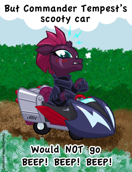 Size: 720x937 | Tagged: safe, artist:texasuberalles, derpibooru import, tempest shadow, unicorn, my little pony: the movie, armor, blushing, broken horn, car, chibi, eye scar, female, horn, lightning, looking down, mare, pun, scar, sky skiff, snorting, solo, sparking horn, stealth pun