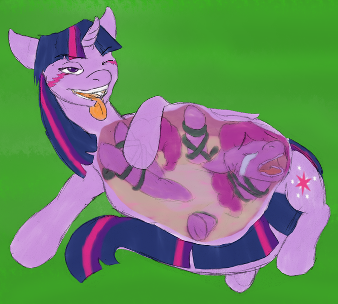 Size: 2309x2078 | Tagged: grimdark, questionable, artist:wesleyfoxx, derpibooru import, pinkie pie, twilight sparkle, twilight sparkle (alicorn), alicorn, monster pony, original species, tatzlpony, bondage, colored, crying, digestion, fetish, imminent death, implied digestion, internal, one eye closed, pinkie prey, same size vore, soft vore, species swap, tail between legs, tatzlight sparkle, tentacle bondage, tentacle porn, tentacles, tongue out, twidom, twipred, vore