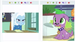 Size: 810x460 | Tagged: safe, derpibooru import, edit, edited screencap, screencap, spike, spike the regular dog, trixie, dog, derpibooru, a little birdie told me, equestria girls, equestria girls series, my little shop of horrors, blushing, female, juxtaposition, male, meta, paws, puppy, smiling