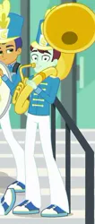 Size: 290x685 | Tagged: safe, derpibooru import, screencap, a queen of clubs, equestria girls, equestria girls series, background human, clothes, cropped, hat, looking at you, male, musical instrument, pants, shoes, smiling, sousaphone
