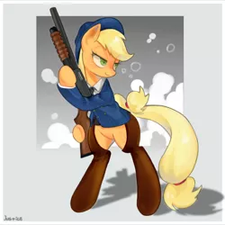 Size: 768x768 | Tagged: safe, artist:jus+ice, derpibooru import, applejack, earth pony, semi-anthro, bedroom eyes, clothes, female, gun, mafia, mafia applejack, mare, mossberg 500at, shotgun, smiling, solo, standing, suit, traditional art, weapon