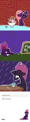 Size: 1280x5120 | Tagged: safe, artist:pencilbrony, derpibooru import, fizzlepop berrytwist, tempest shadow, pony, unicorn, my little pony: the movie, abstract background, ask, broken horn, candle, chalk, chalkboard, comic, crying, cupcake, cute, female, food, hnnng, ice cream, mare, pocky, post traumatic stress disorder, ptsd, sad, tumblr