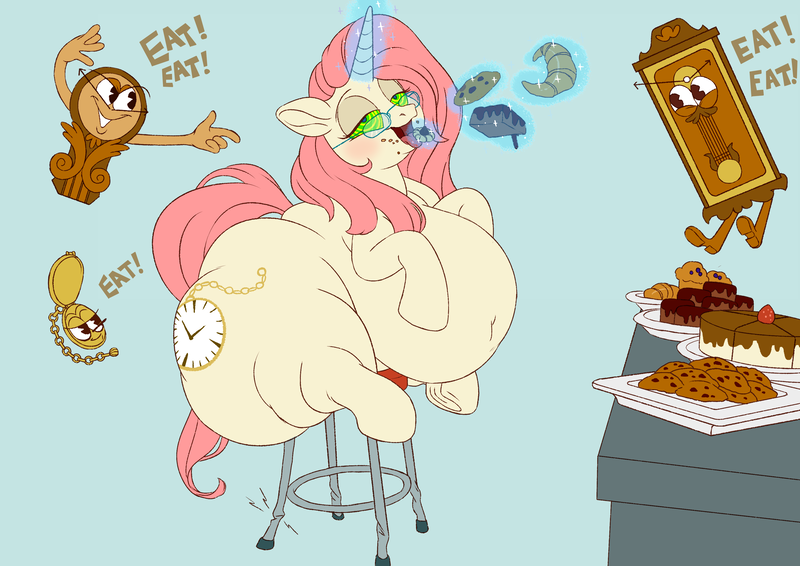 Size: 3507x2480 | Tagged: questionable, artist:mellowhen, derpibooru import, oc, oc:rose pendant, unofficial characters only, earth pony, pony, belly, belly button, bread, brownies, cake, cheesecake, clock, cookie, croissant, eating, fat, food, hypnosis, hypnotized, morbidly obese, obese, pacman eyes, rubber hose animation, rubber hose style, solo