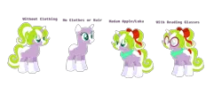 Size: 1730x680 | Tagged: safe, artist:nikkitatheanimefan, derpibooru import, oc, oc:madam apple, unofficial characters only, pony, unicorn, bald, bow, female, glasses, hair bow, mare, reference sheet, simple background, solo, transparent background
