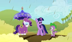 Size: 2560x1476 | Tagged: safe, derpibooru import, screencap, rarity, spike, twilight sparkle, dragon, pony, unicorn, the return of harmony, chocolate, chocolate rain, food, hat, popcorn, rain, raincoat, saddle, saddle umbrella, tack, umbrella, unicorn twilight