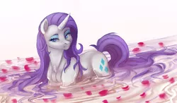 Size: 2466x1444 | Tagged: safe, artist:1an1, derpibooru import, rarity, pony, unicorn, chest fluff, eyelashes, eyeshadow, female, lidded eyes, looking at you, makeup, mare, messy mane, milk, petals, rose petals, simple background, smiling, solo, water, wet, wet mane, white background