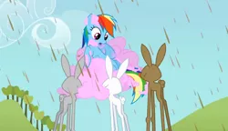 Size: 2560x1476 | Tagged: safe, derpibooru import, screencap, rainbow dash, girabbit, pegasus, pony, rabbit, the return of harmony, candy, chocolate, chocolate rain, cloud, cotton candy, cotton candy cloud, food, rain, sticky