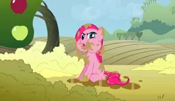 Size: 2560x1476 | Tagged: safe, derpibooru import, screencap, pinkie pie, earth pony, pony, the return of harmony, angry, apple, apple tree, chocolate, chocolate milk, eating, female, food, giant apple, mare, messy, messy mane, milk, popcorn, puffy cheeks, solo, tree, wet, wet mane