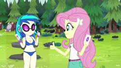 Size: 1280x720 | Tagged: suggestive, derpibooru import, edit, edited edit, edited screencap, editor:ah96, editor:slayerbvc, screencap, fluttershy, vinyl scratch, equestria girls, legend of everfree, blue underwear, bra, breast edit, breasts, cleavage, clothes, panties, underwear, underwear edit