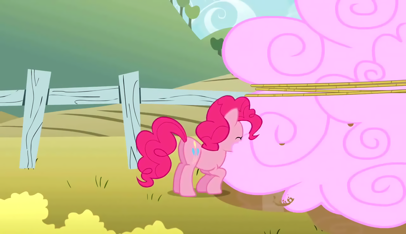 Size: 2560x1476 | Tagged: safe, derpibooru import, screencap, pinkie pie, earth pony, pony, the return of harmony, chocolate, cloud, cotton candy, cotton candy cloud, cute, eating, food, happy, popcorn