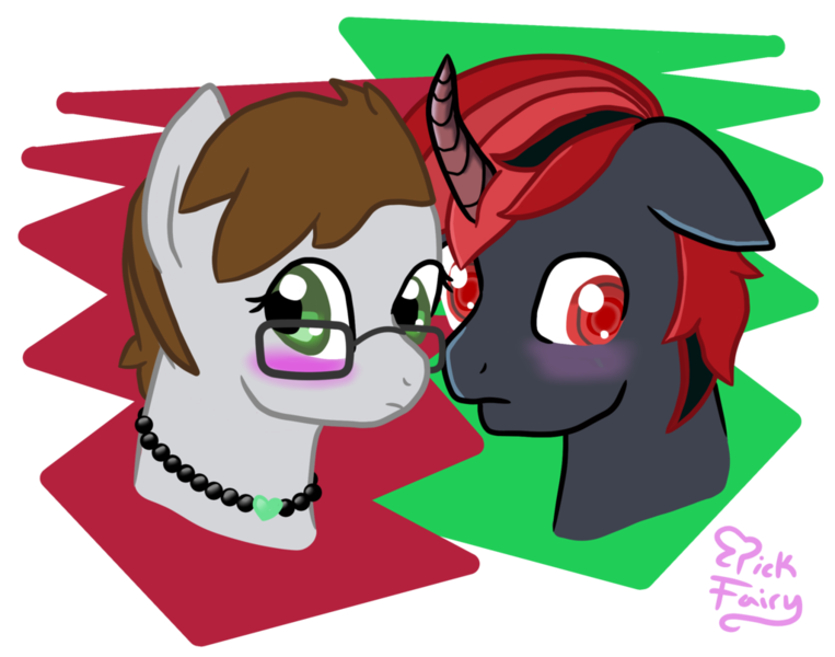 Size: 1024x805 | Tagged: safe, artist:pickfairy, derpibooru import, oc, oc:borgz pony, oc:pickfairy, unofficial characters only, unicorn, blushing, curved horn, female, glasses, gray, green, male, mare, oc x oc, red, red eyes, shipping, stallion, straight