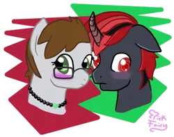 Size: 1024x805 | Tagged: safe, artist:pickfairy, derpibooru import, oc, oc:borgz pony, oc:pickfairy, unofficial characters only, unicorn, blushing, curved horn, female, glasses, gray, green, male, mare, oc x oc, red, red eyes, shipping, stallion, straight