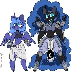 Size: 1500x1500 | Tagged: anthro, armor, artist:inkystarz, belly button, bracer, clothes, curved horn, derpibooru import, fangs, female, loincloth, looking at you, midriff, nightmare moon, princess luna, s1 luna, safe, simple background, skirt, spread wings, white background, wings